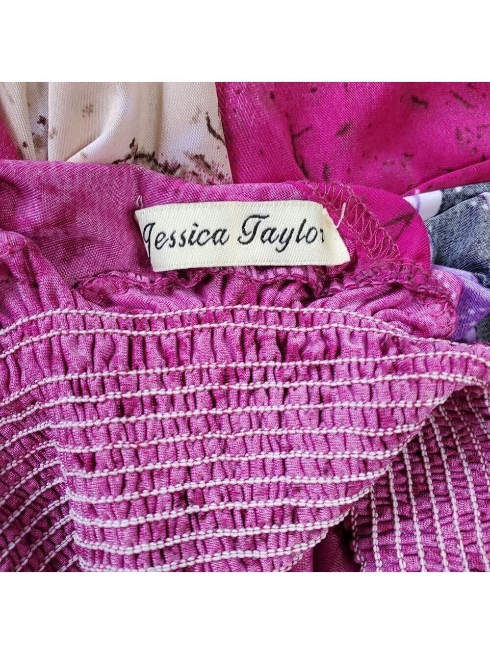 jessica Taylor Pink Floral Pullover V-Neck Back Smocked Waist Midi Dress Large - Picture 7 of 7
